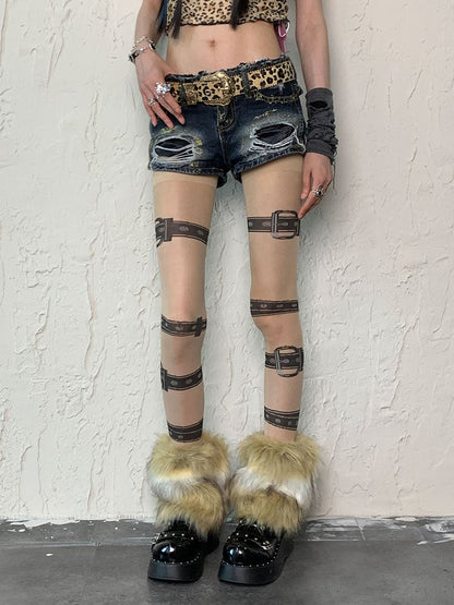 Nude Punk Buckle Straps Print Tights＋White&Brown Shaggy Leg Warmers Set