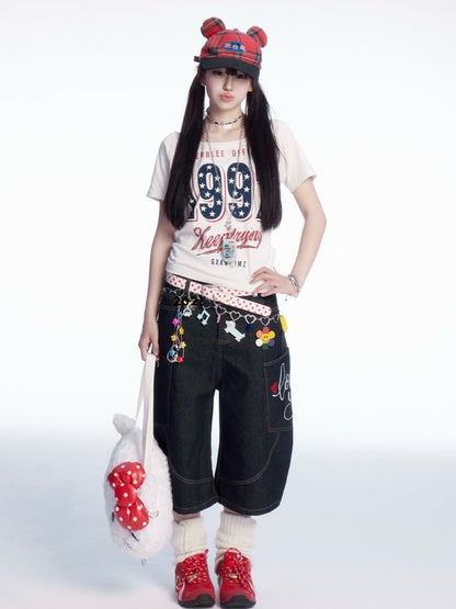 Black Low Waist Heart Embroidery Wide-leg Cargo Jeans