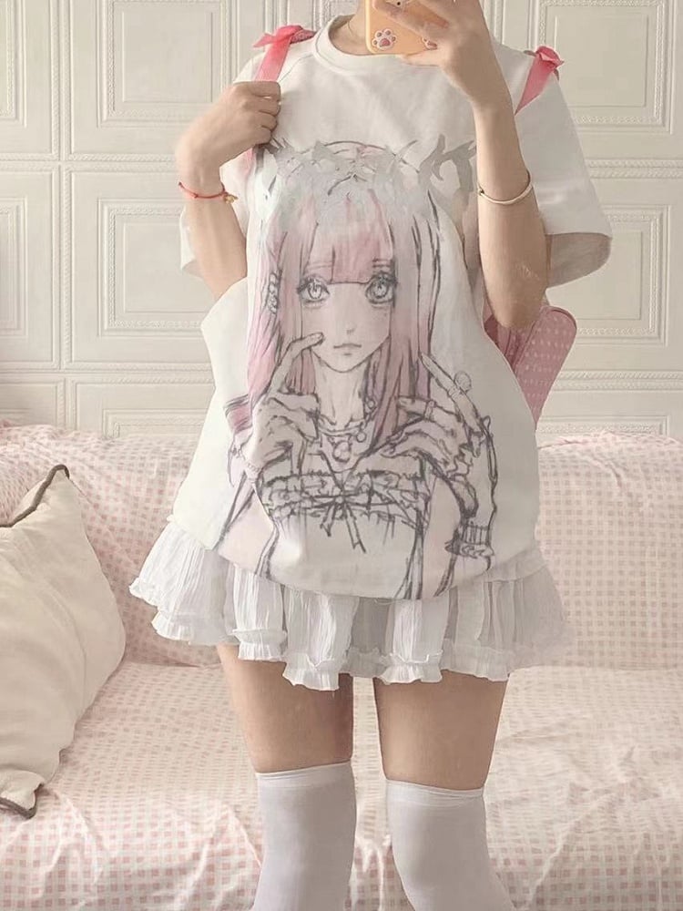 Girl Print White T-shirt Jirai Kei Top