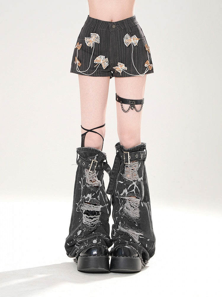 Dark Gray/White/Pink Bowknots Embellished Shorts with Beaded Chains