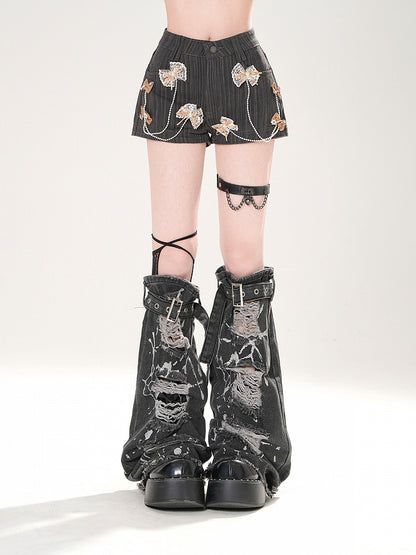Dark Gray/White/Pink Bowknots Embellished Shorts with Beaded Chains
