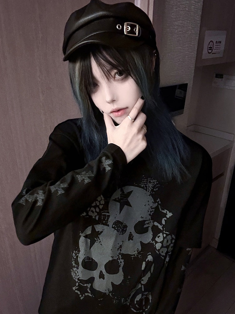 Black Faux Two-Pieces Top with White Skeleton and Cross Print