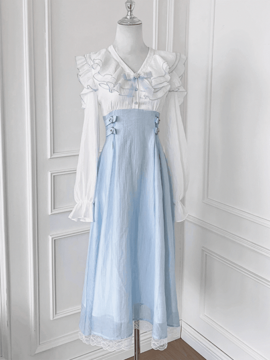 Jirai Kei Light Blue Tiered Flounce Hem Neckline Cutout Shoulder Dress with Bowtie