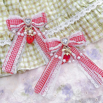 4 Color Options Plaid Pattern Strawberry And Beaded Charm Rhinestone Heart Decorated Hairclips