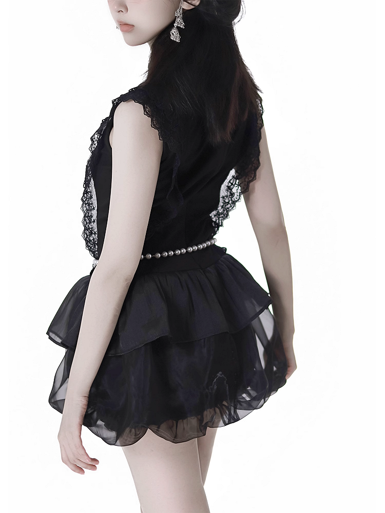Black Cheongsam Style Banded Collar Mini Dress Bubble Skirt with Beaded Waist Chain