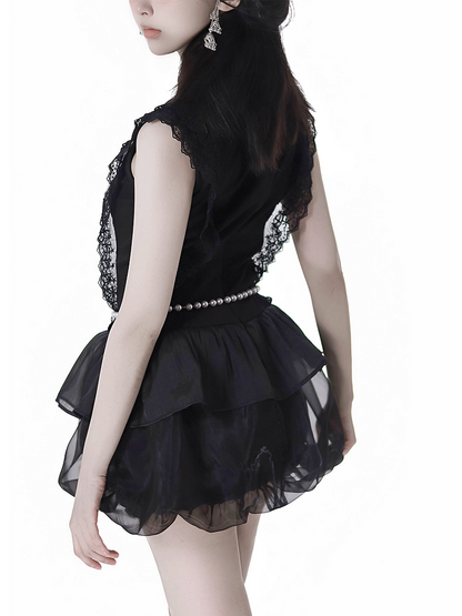 Black Cheongsam Style Banded Collar Mini Dress Bubble Skirt with Beaded Waist Chain
