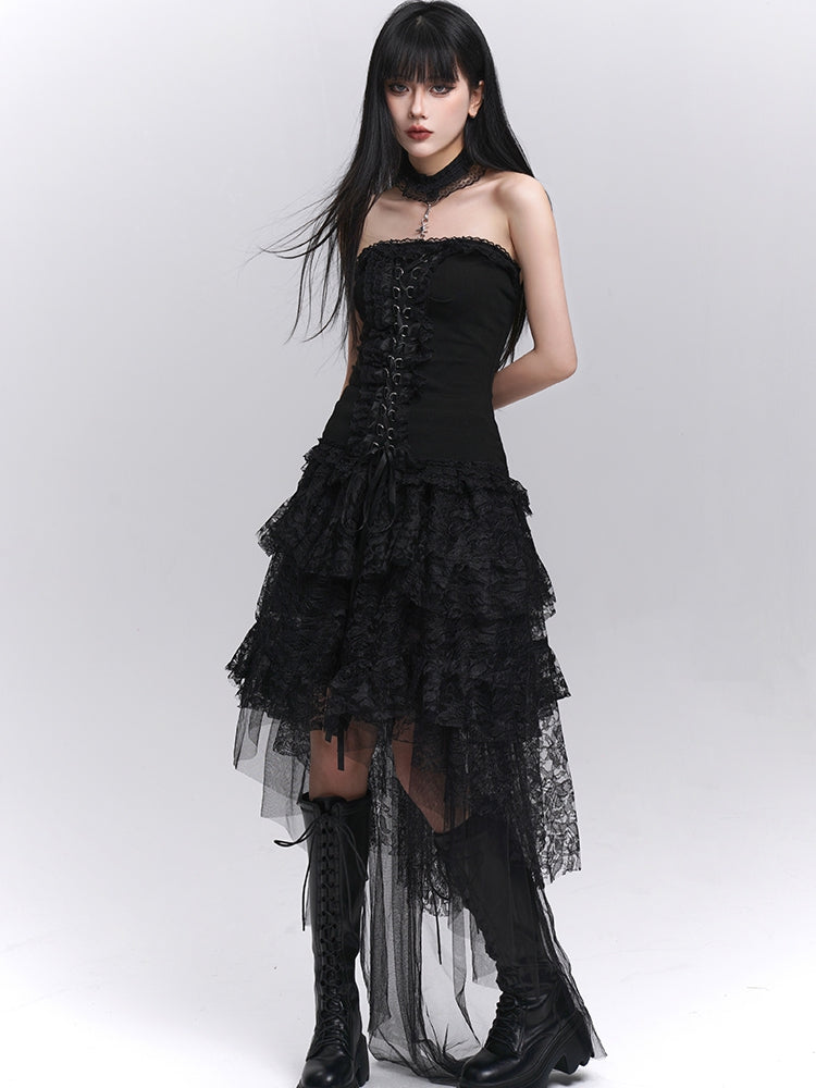 Gothic Black High-Low Tiered Lace Skirt
