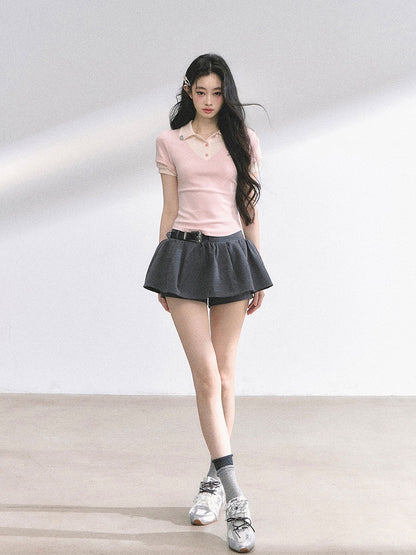 Rhinestones Decorated Polo Collar Pink& Apricot/ Black& Gray T-shirt Faux Two-pieces