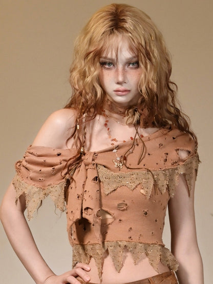 Light Brown Wasteland Punk Distressed Holes Asymmetrical Neckline Top