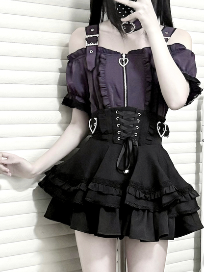 Jirai Kei Heart Buckles Lace-up Front and Back Black Tiered Skirt