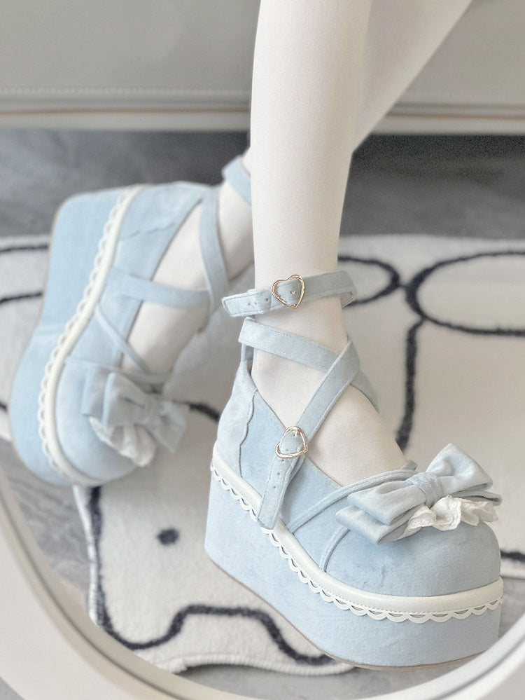 Velvet Blue Sweet Lolita Platform Mary Janes - Lace-Trimmed Bow, Heart Buckle & Crisscross Straps