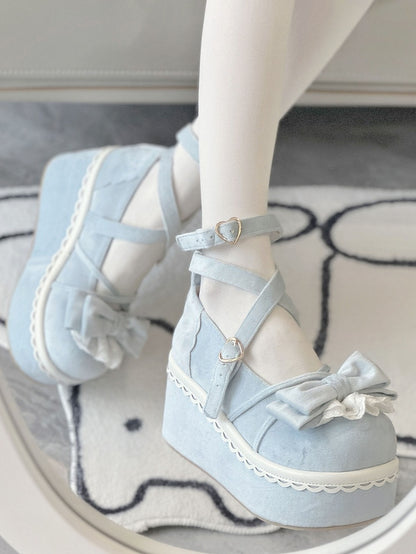 Velvet Blue Sweet Lolita Platform Mary Janes - Lace-Trimmed Bow, Heart Buckle & Crisscross Straps