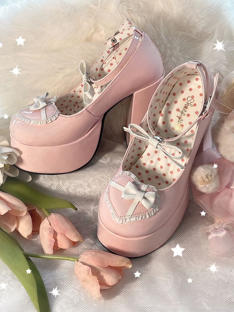Bow Accents Heart Design Pink and White Platform Block High Heels