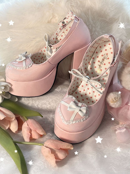 Bow Accents Heart Design Pink and White Platform Block High Heels