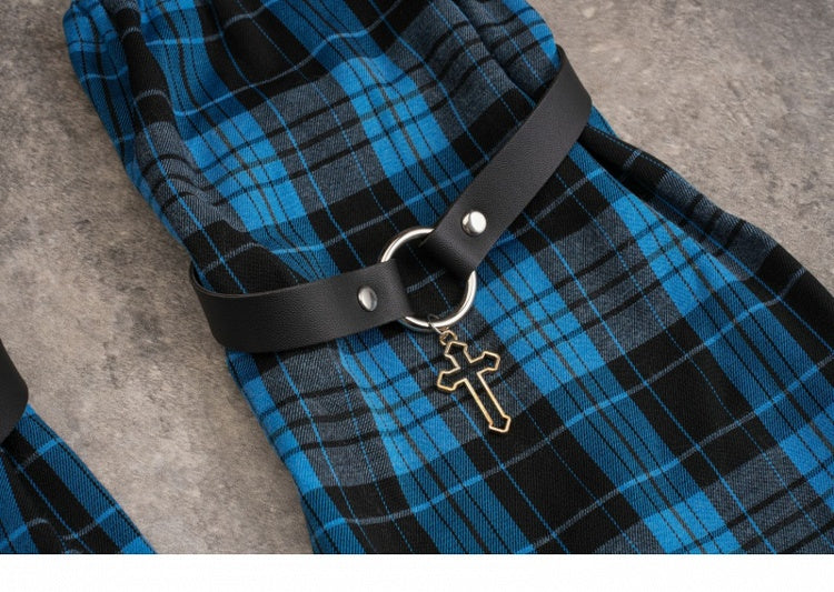 Pins Decorated Black and Blue Plaid Leg Sleeves