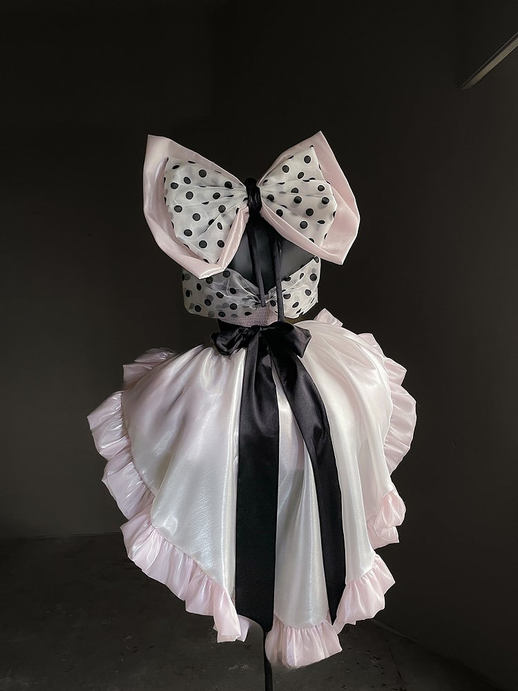 Pink Satin Sweet Lolita Dress with Polka Dot Off-the-Shoulder Detail and Large Bow