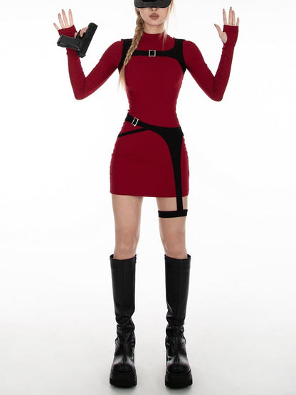 Resident Evil Ada Wong Vibes Red & Black Buckle Strap Dress Waist Belt and Harness All-in-one with Garter