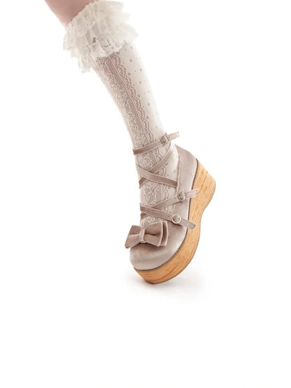 Sweet Beige Mary Janes for Lolita - Platform Heel with Bow Decor & Crossed Straps