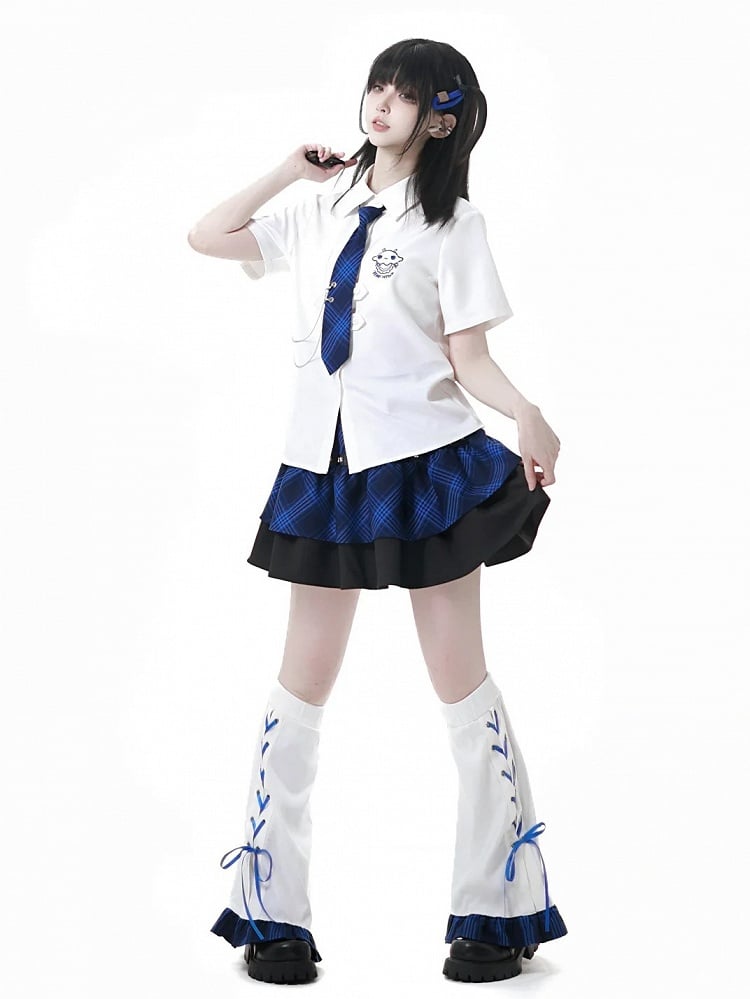 Black and Blue Plaid Star Stud Details Tiered Skirt