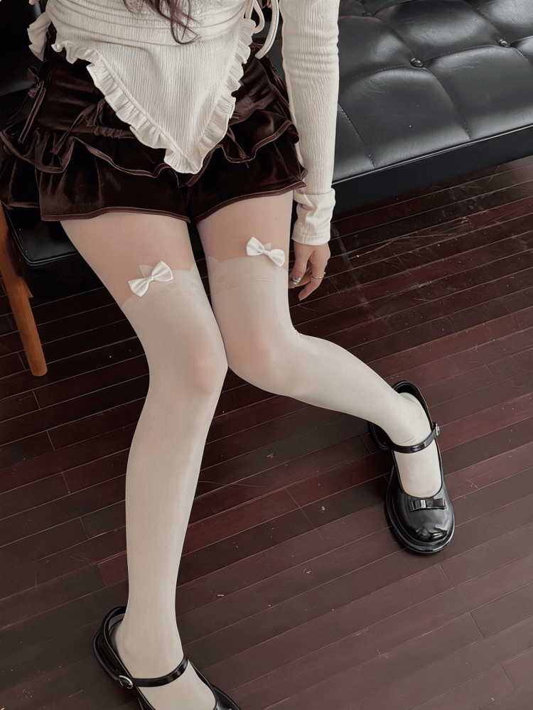 White/Black Sweet Cat Pattern Tights With Bow