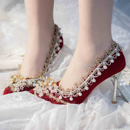 Red Beaded Floral and Charm 5CM/7CM/9CM Cheongsam Style Hime Lolita High Heels