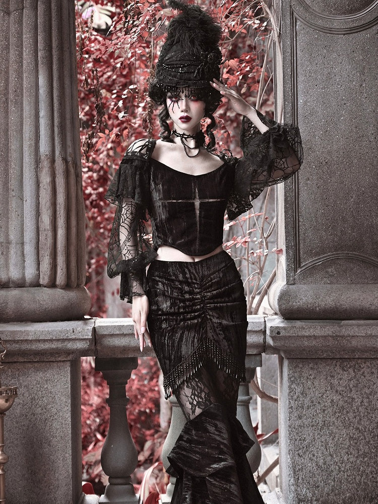 Halloween Gothic Black Cropped Velvet Top Bishop Lace Sleeves