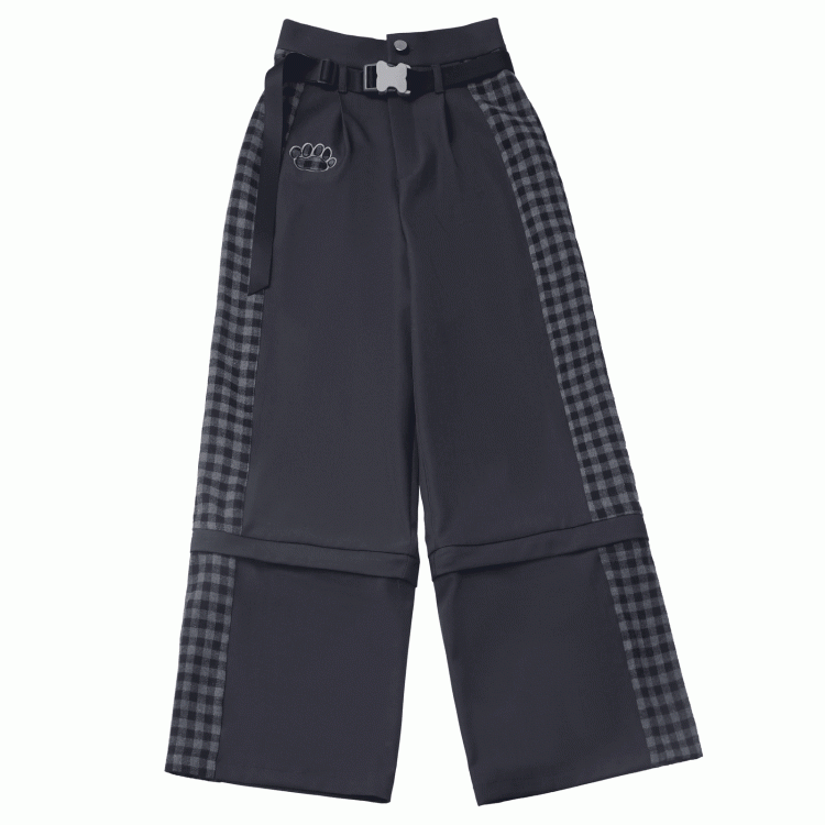 Clearance-Size M for Waist 66CM Black Plaid Zip Cuffs Techwear Two Ways Wear Pants/Shorts with Snap Belt