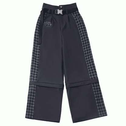 Clearance-Size M for Waist 66CM Black Plaid Zip Cuffs Techwear Two Ways Wear Pants/Shorts with Snap Belt