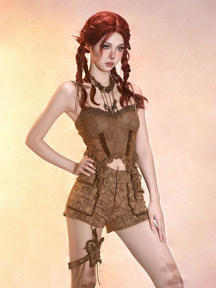 Summer Essential Lace Vintage-Inspired Spaghetti Strap Brown Top for Women