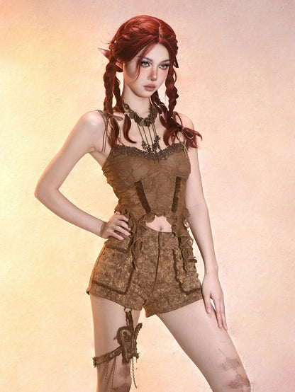 Summer Essential Lace Vintage-Inspired Spaghetti Strap Brown Top for Women