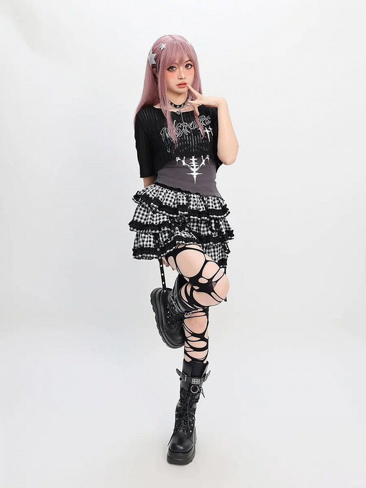 Y2K Red & Black/Black & White Plaid Strap Details Tiered Skirt