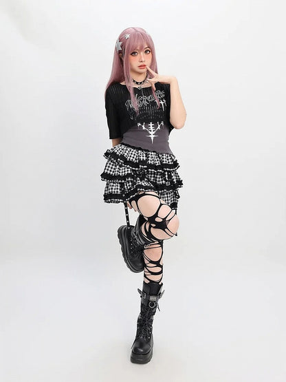 Y2K Red & Black/Black & White Plaid Strap Details Tiered Skirt