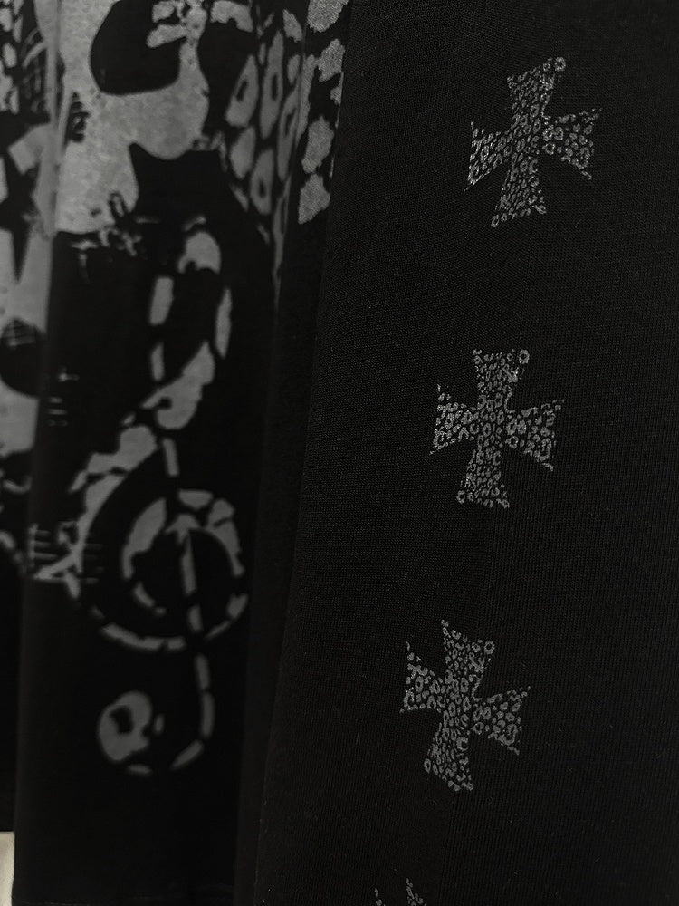 Black Faux Two-Pieces Top with White Skeleton and Cross Print