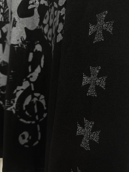 Black Faux Two-Pieces Top with White Skeleton and Cross Print