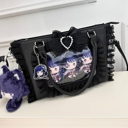 Jirai Kei Black Beaded Heart Decorated Bowknot Lace Trim Ita Bag with Free PVC Card Holder