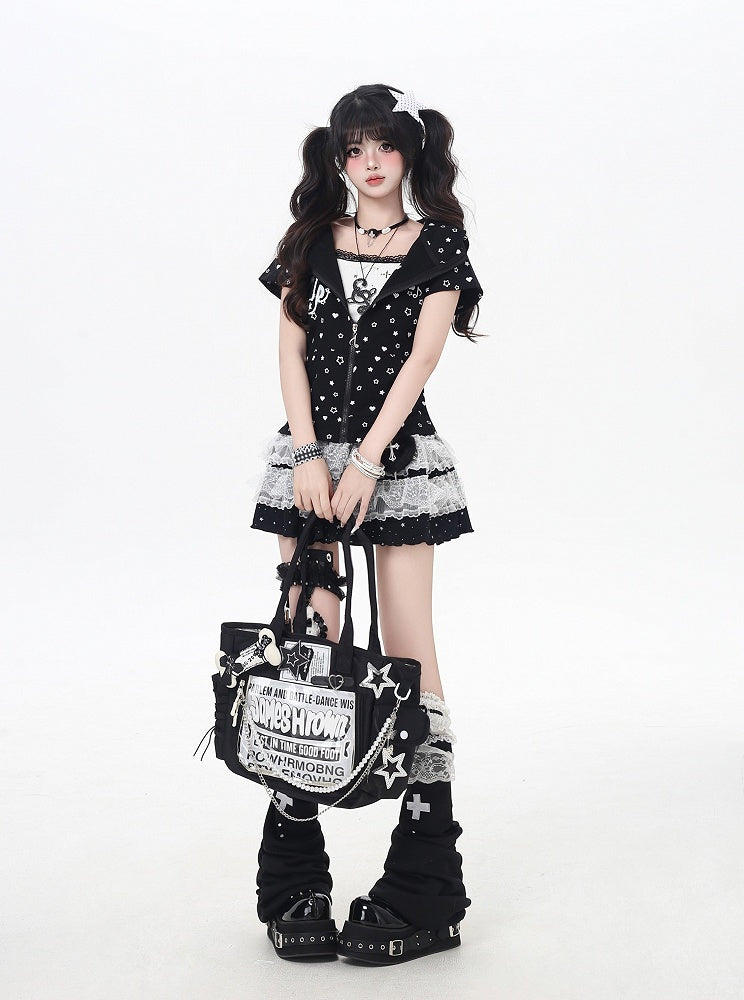 Y2K Kitty Ears Hood Allover Star and Heart Print Off White/Black Zip-up Jacket