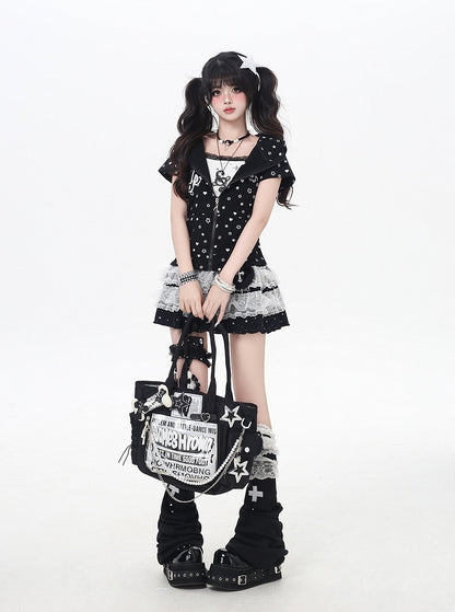 Y2K Kitty Ears Hood Allover Star and Heart Print Off White/Black Zip-up Jacket