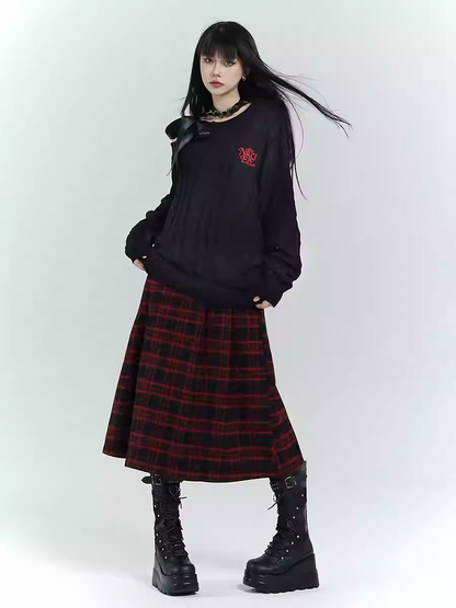 Black & Red Plaid  Double Buckles Midi Length Skirt