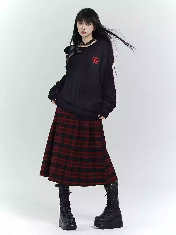 Black & Red Plaid  Double Buckles Midi Length Skirt