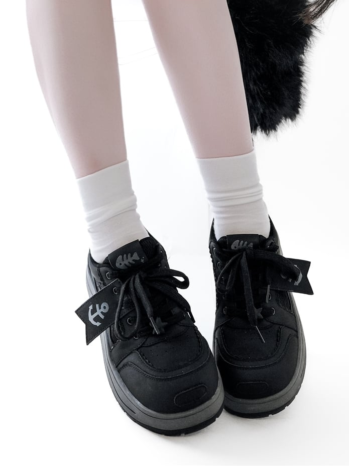 Black Anchor And Fish Bone Decorated Front Lace-up Ties Platform Sneakers