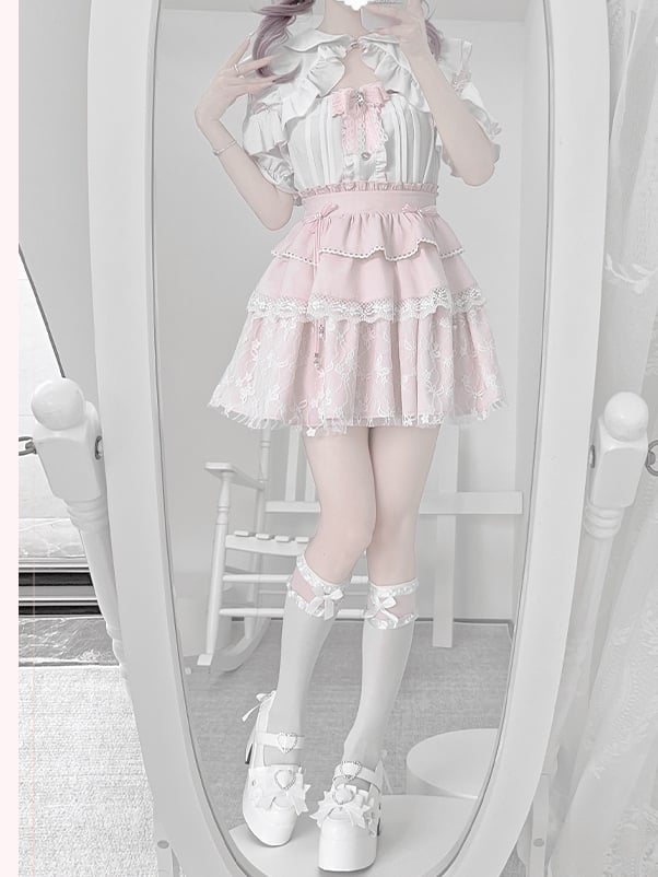 White Peter Pan Collar Cutout Shoulder Blouse+ Pink Tiered Skirt+ Bowknot Jirai Kei Set