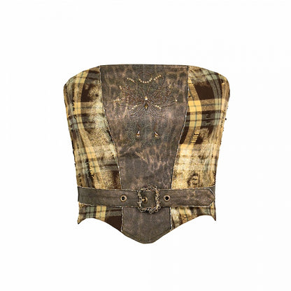 Green Plaid Pattern Butterfly-shaped Rhinestone Buckle Strapless Top