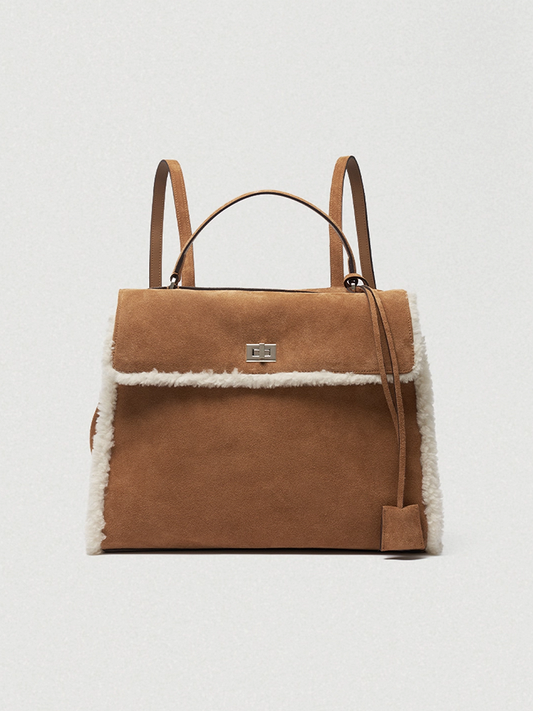 Vintage Brown Plush Patchwork Backpack - Perfect for Fall and Winter