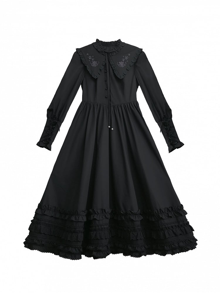 Floral Embroidery Collar Lace-up Detail Black Vintage Leg-of-Mutton Sleeves Dress