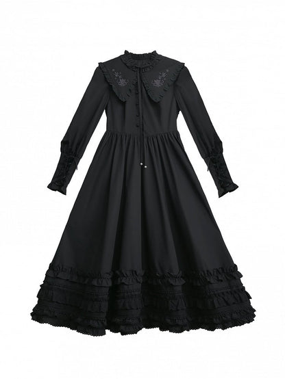 Floral Embroidery Collar Lace-up Detail Black Vintage Leg-of-Mutton Sleeves Dress