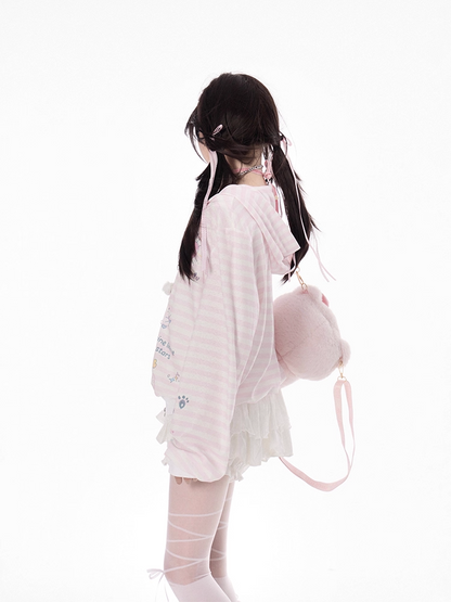 Pink Striped Pattern Y2K Print Zip Closure Hooded Jacket for Autumn