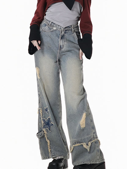 Blue Star Appliques Raw Hem Distressed Wide-leg Jeans with Waist Chain