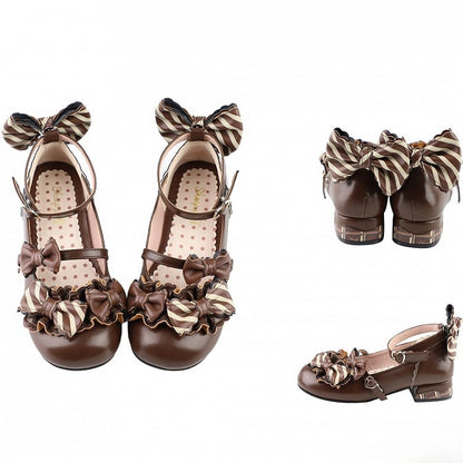 Dark Brown Striped Pattern Bowknot Details Heart Buckle Lolita Shoes