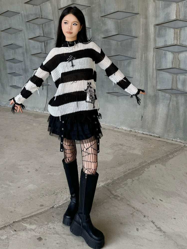 Punk Cross Applique Black and White Striped Distressed Sweater