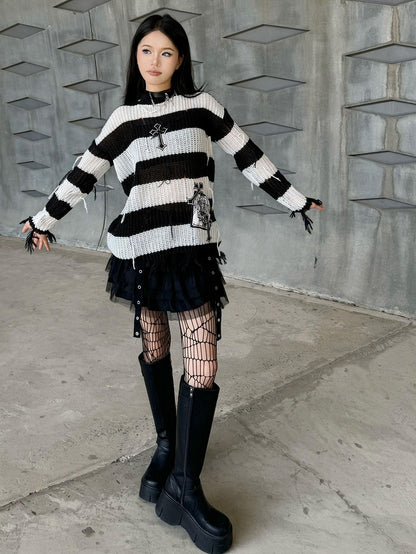 Punk Cross Applique Black and White Striped Distressed Sweater